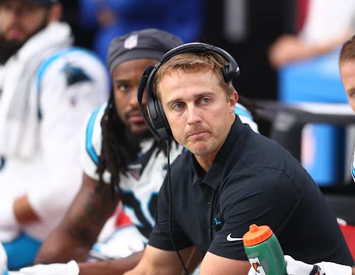 Sep 22, 2019; Glendale, AZ, USA; Carolina Panthers running backs coach Jake Peetz against the Arizona Cardinals at State Farm Stadium. Mandatory Credit: Mark J. Rebilas-USA TODAY Sports